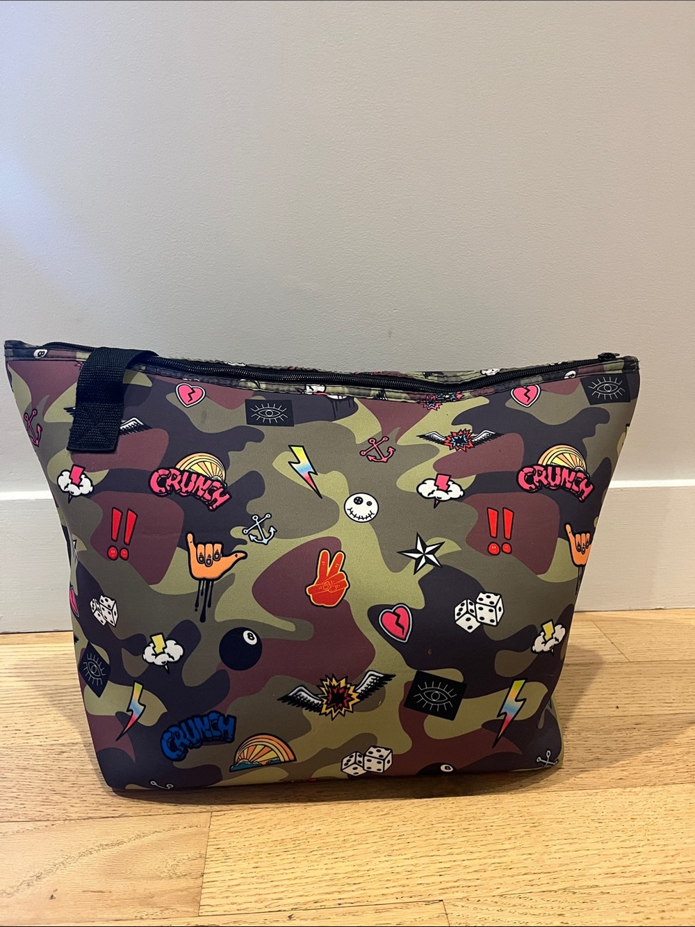 Stylish Camouflage Kids Tote Bag with Fun Patches - Olive Green